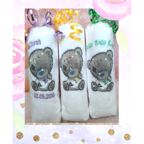 Personalised Tatty Grey Teddy Bear with coloured Nappy Pin