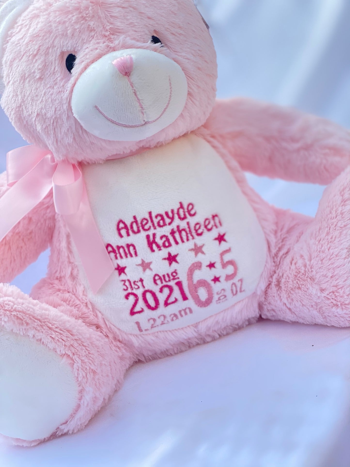 Personalised pink plush teddy bear with embroidered name, featuring zipped bottom and removable inner pod for keepsakes or pyjamas