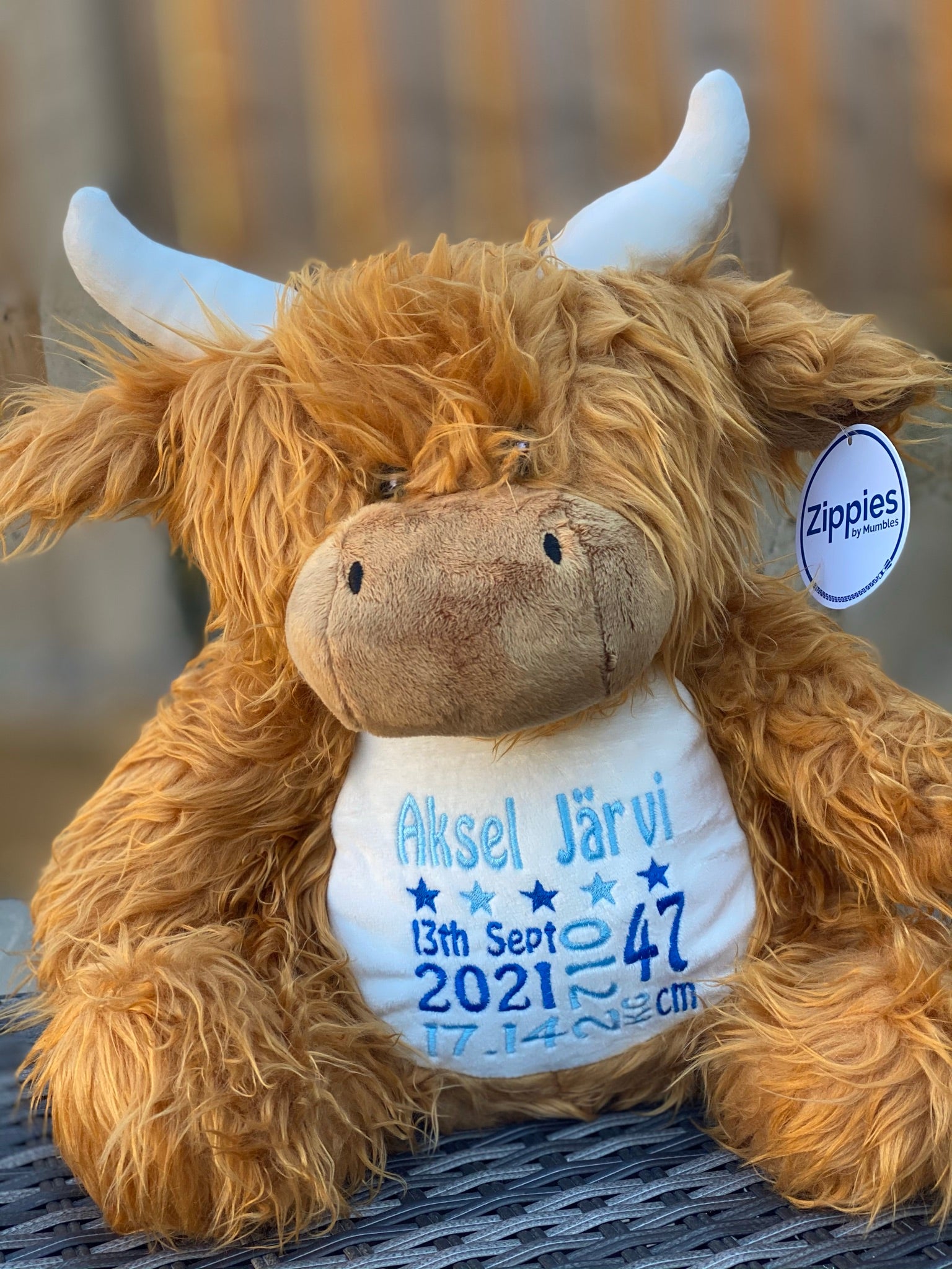 Soft plush highland cow toy with custom birth details