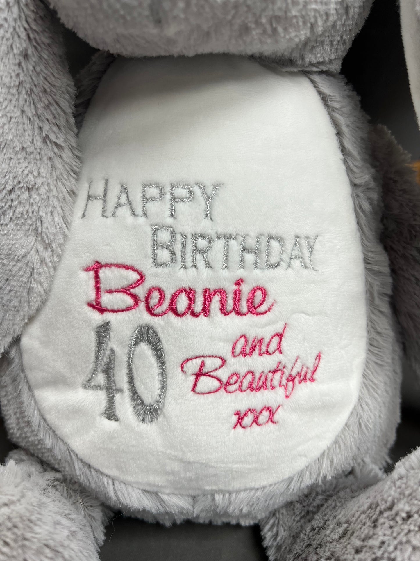 Personalised Embroidered Grey Bunny Teddy – Birth Block, Name or Custom Message | 45cm