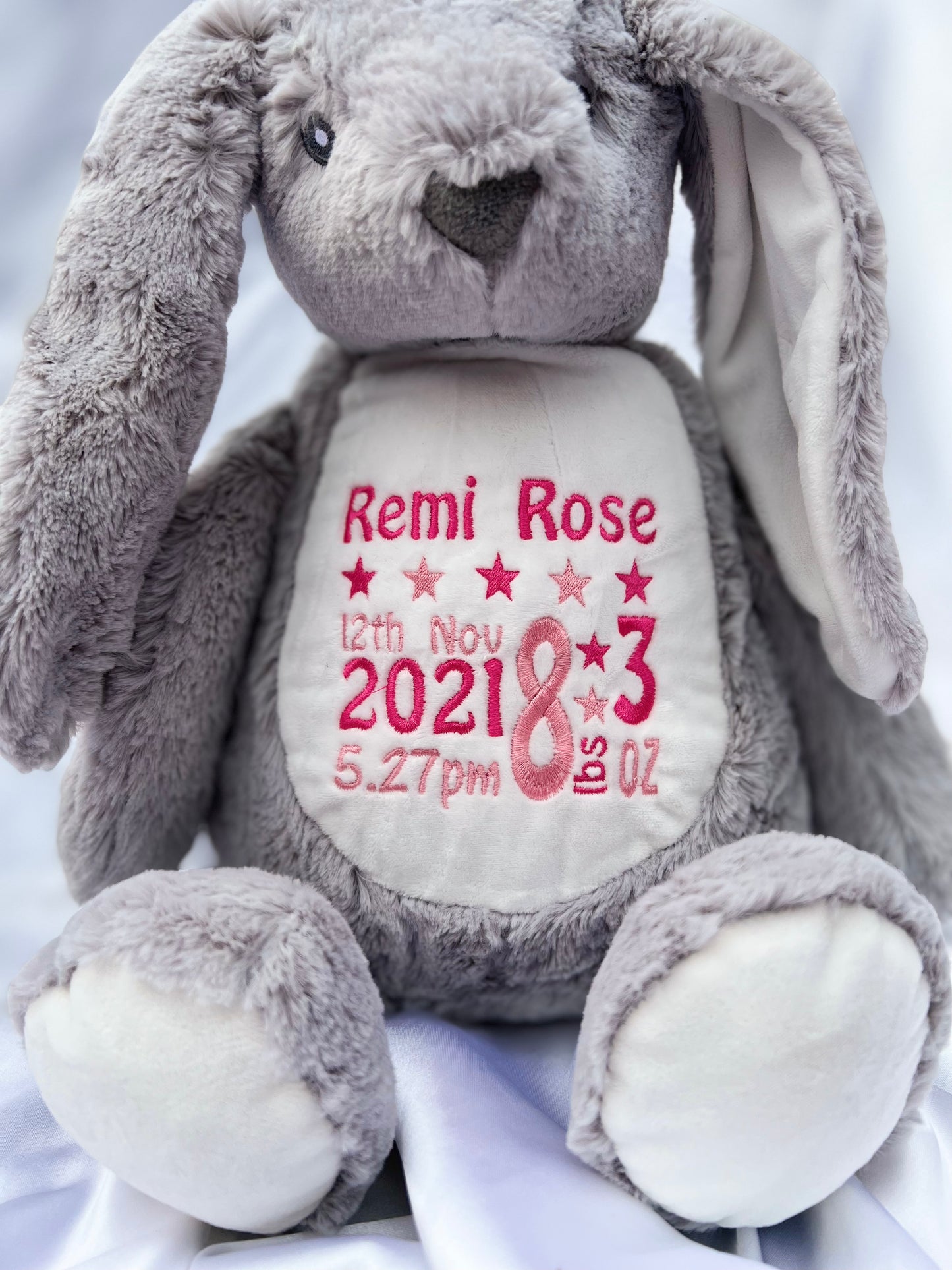 Personalised grey bunny teddy with embroidered birth details on tummy