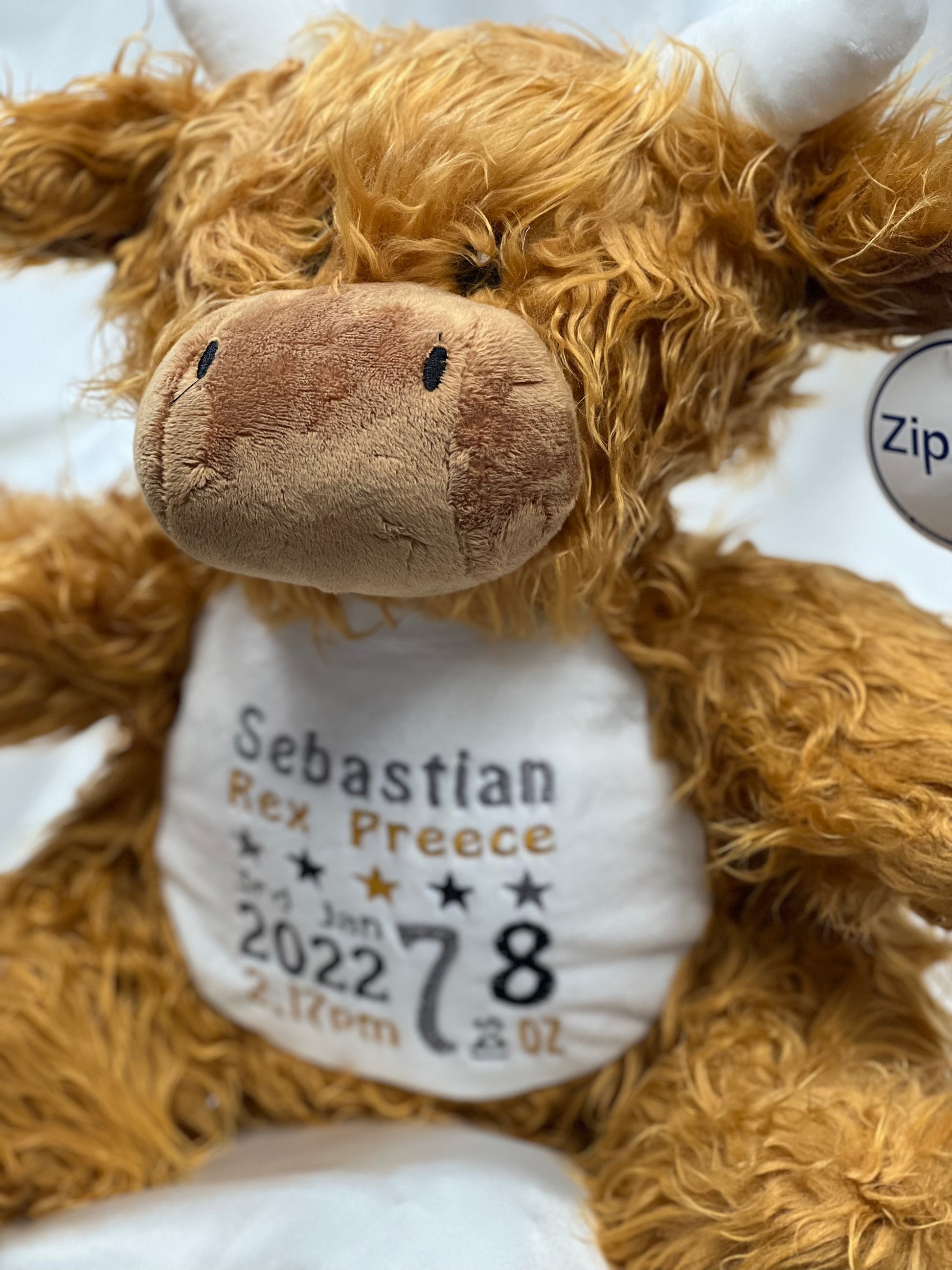 Soft plush highland cow toy with custom birth details