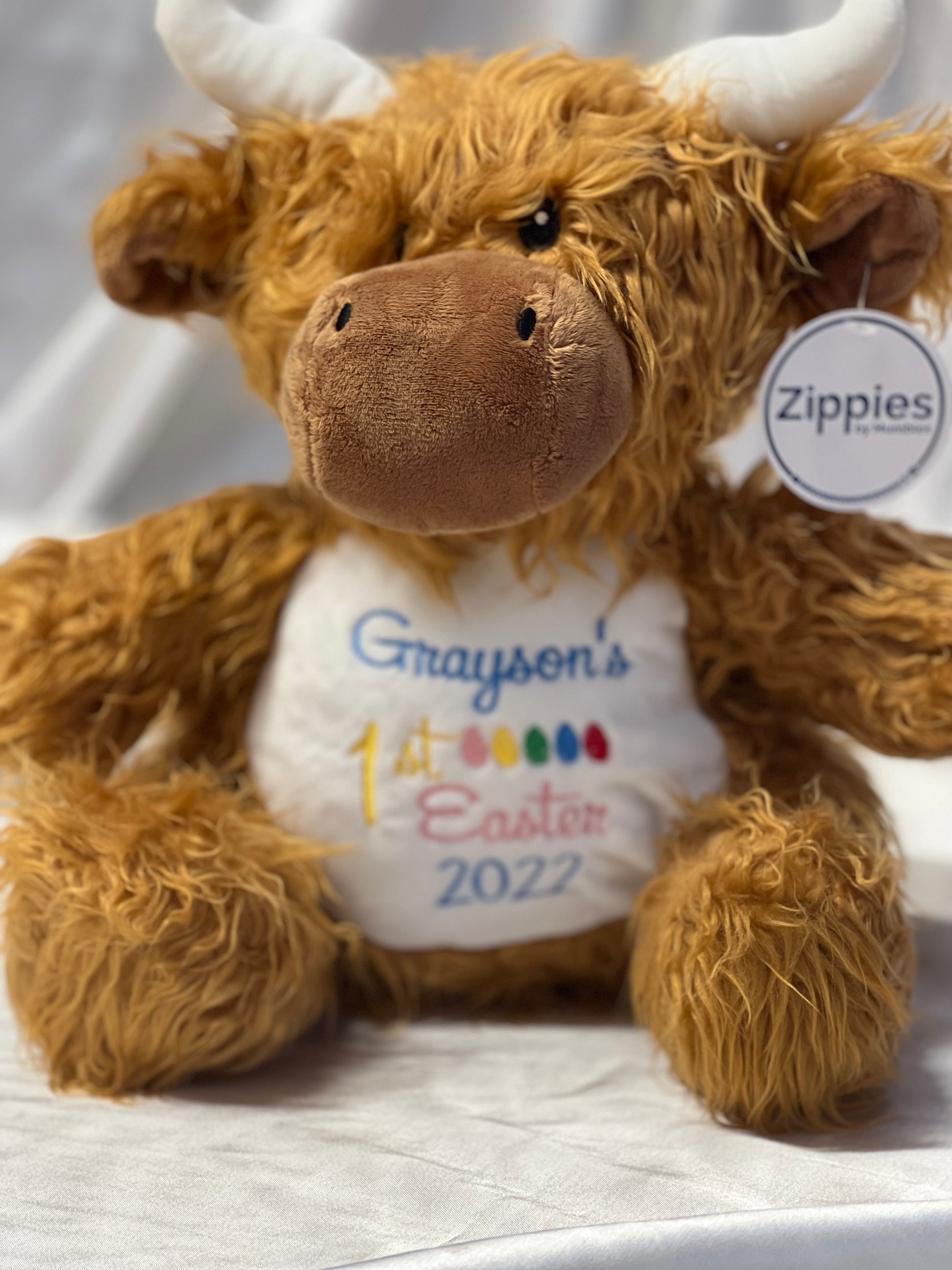 Personalised brown highland cow teddy with embroidered tummy