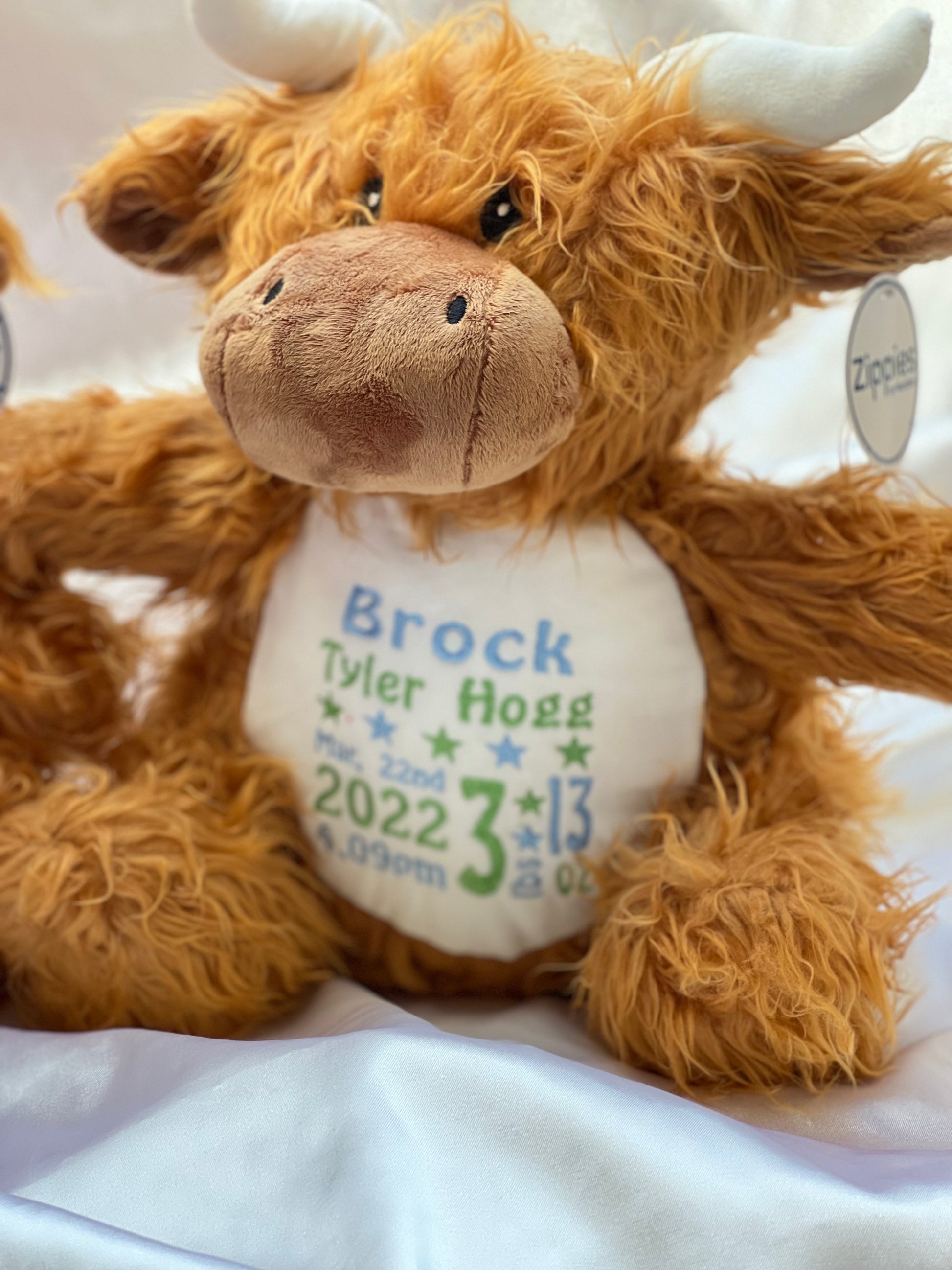 Personalised brown highland cow teddy with embroidered tummy