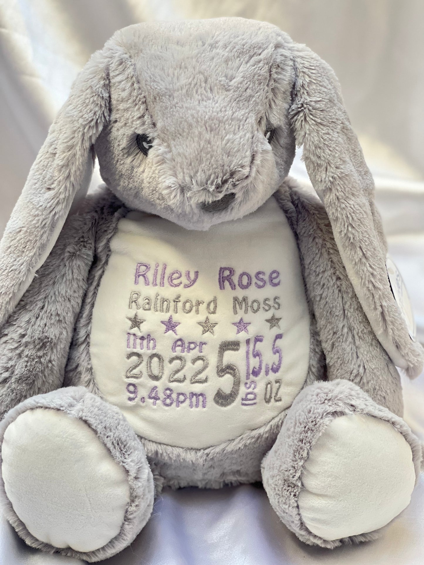 Personalised grey bunny teddy with embroidered birth details on tummy