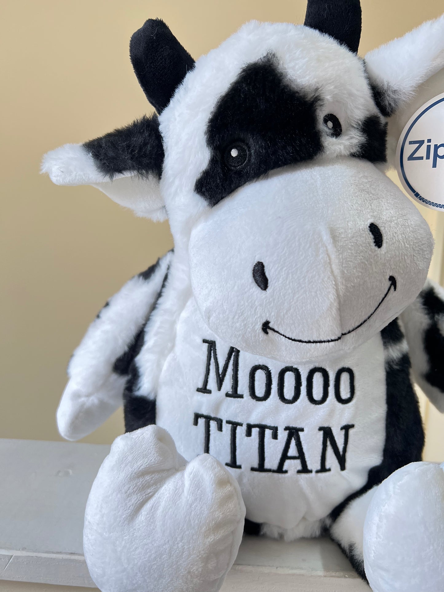 Personalised Embroidered Black & White Cow Teddy – Name, Birth Block or Custom Message | 48cm