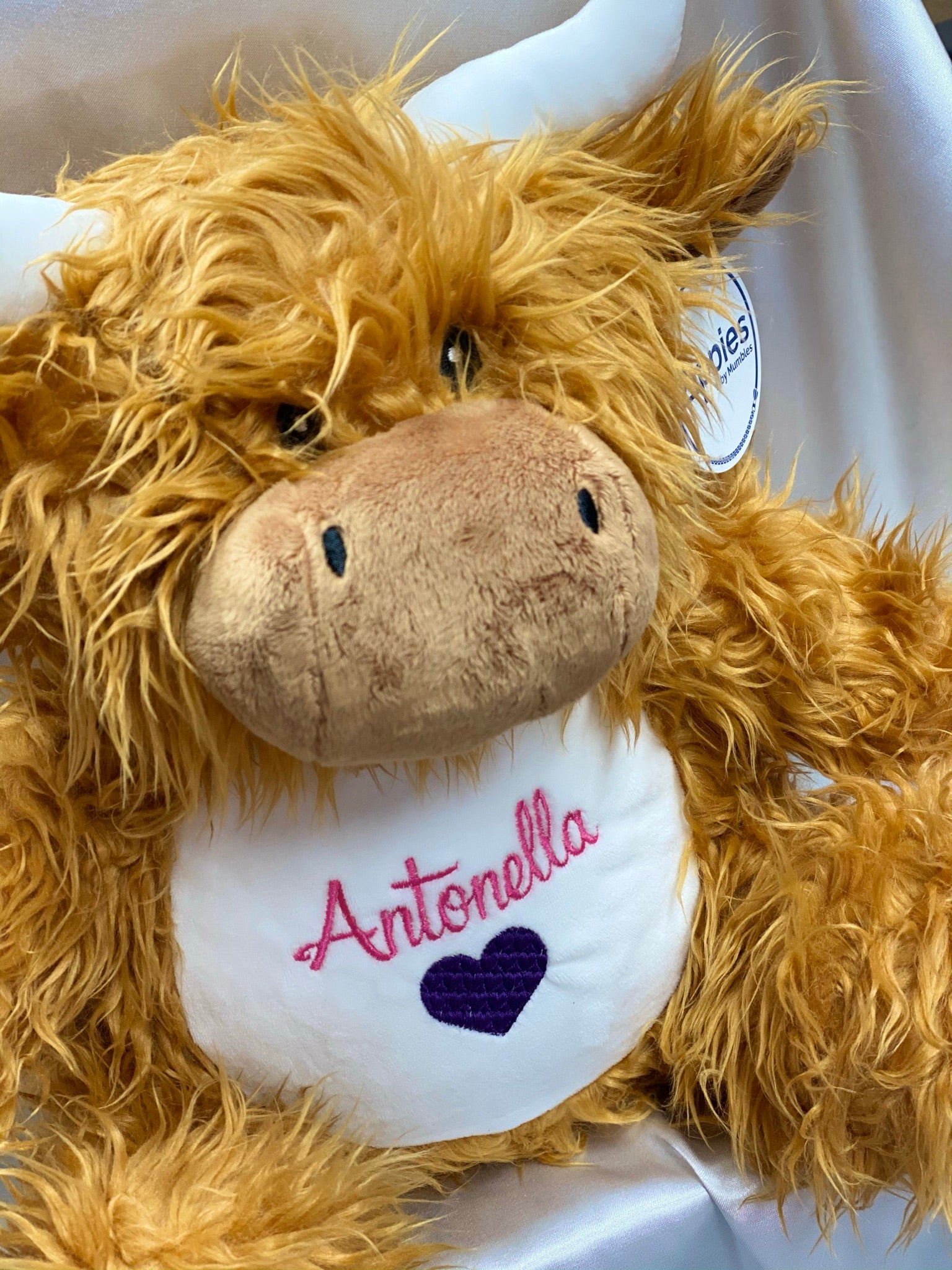 Personalised brown highland cow teddy with embroidered tummy