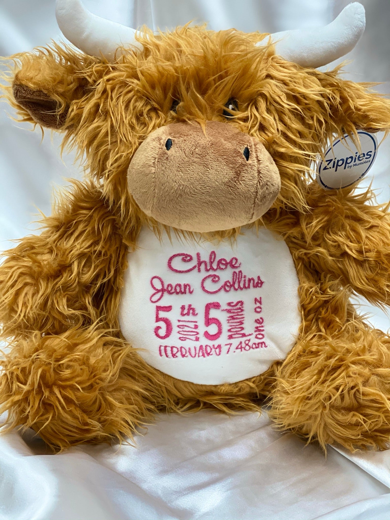 Custom embroidered baby keepsake – brown highland cow toy