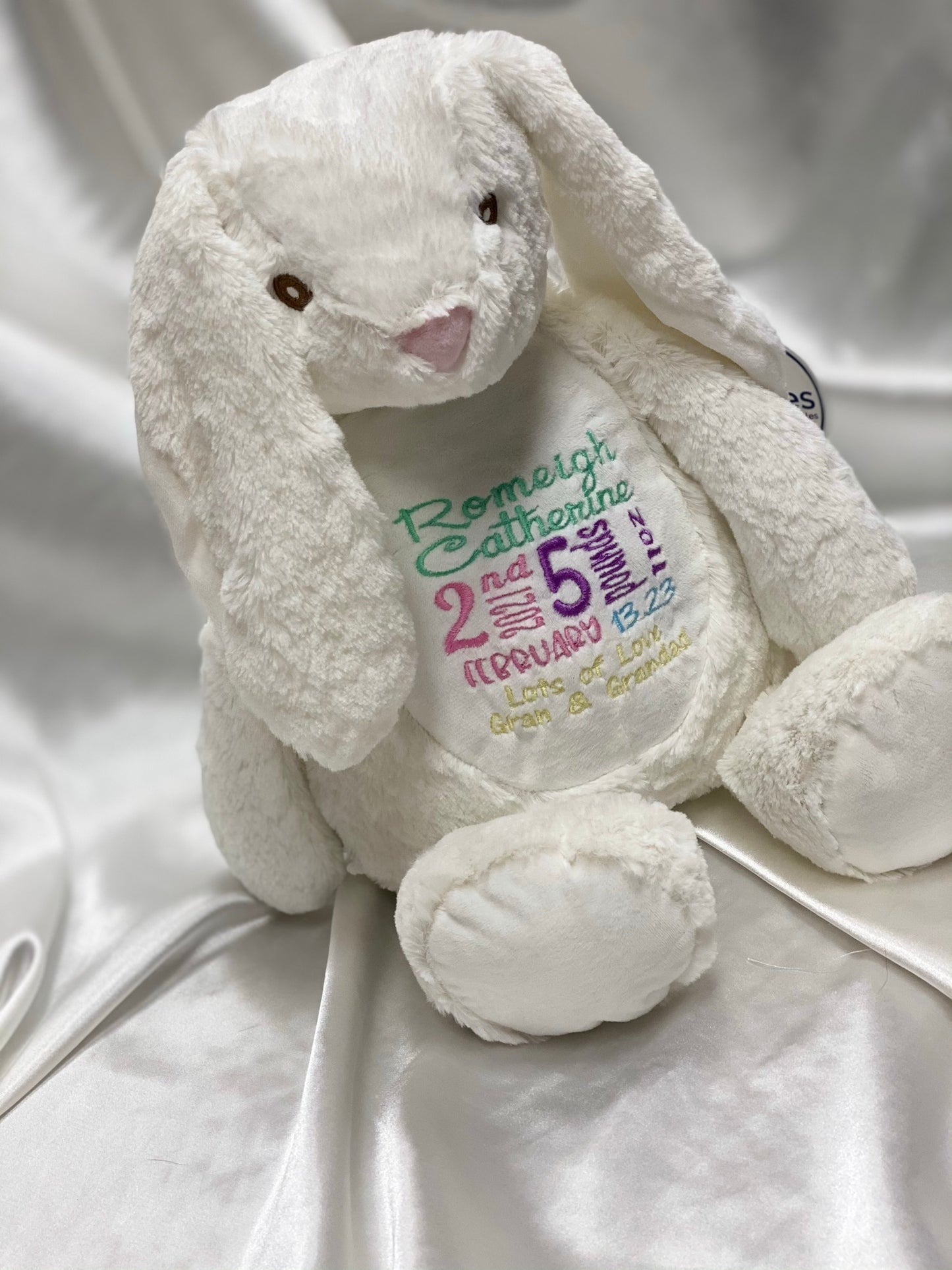 Personalised Embroidered Cream Bunny Teddy – Birth Block, Name or Custom Message | 45cm
