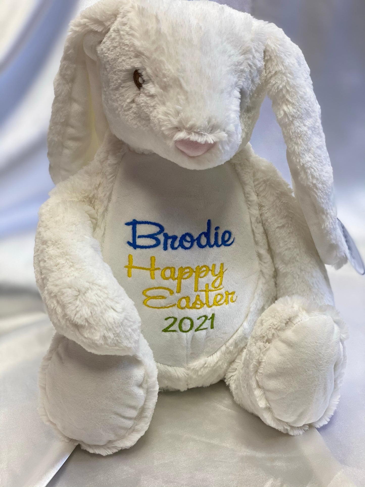 Personalised Embroidered Cream Bunny Teddy – Birth Block, Name or Custom Message | 45cm