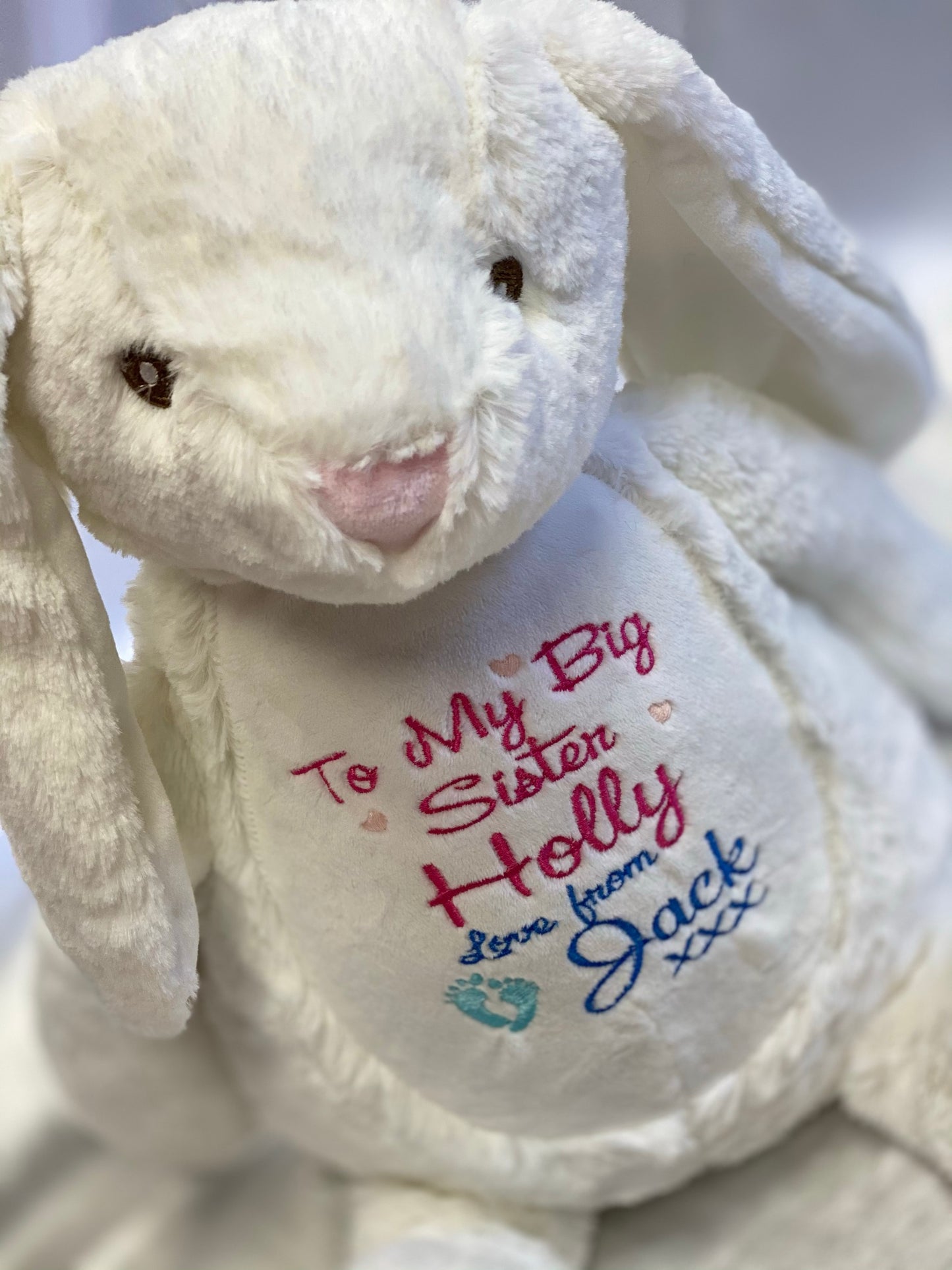 Personalised Embroidered Cream Bunny Teddy – Birth Block, Name or Custom Message | 45cm