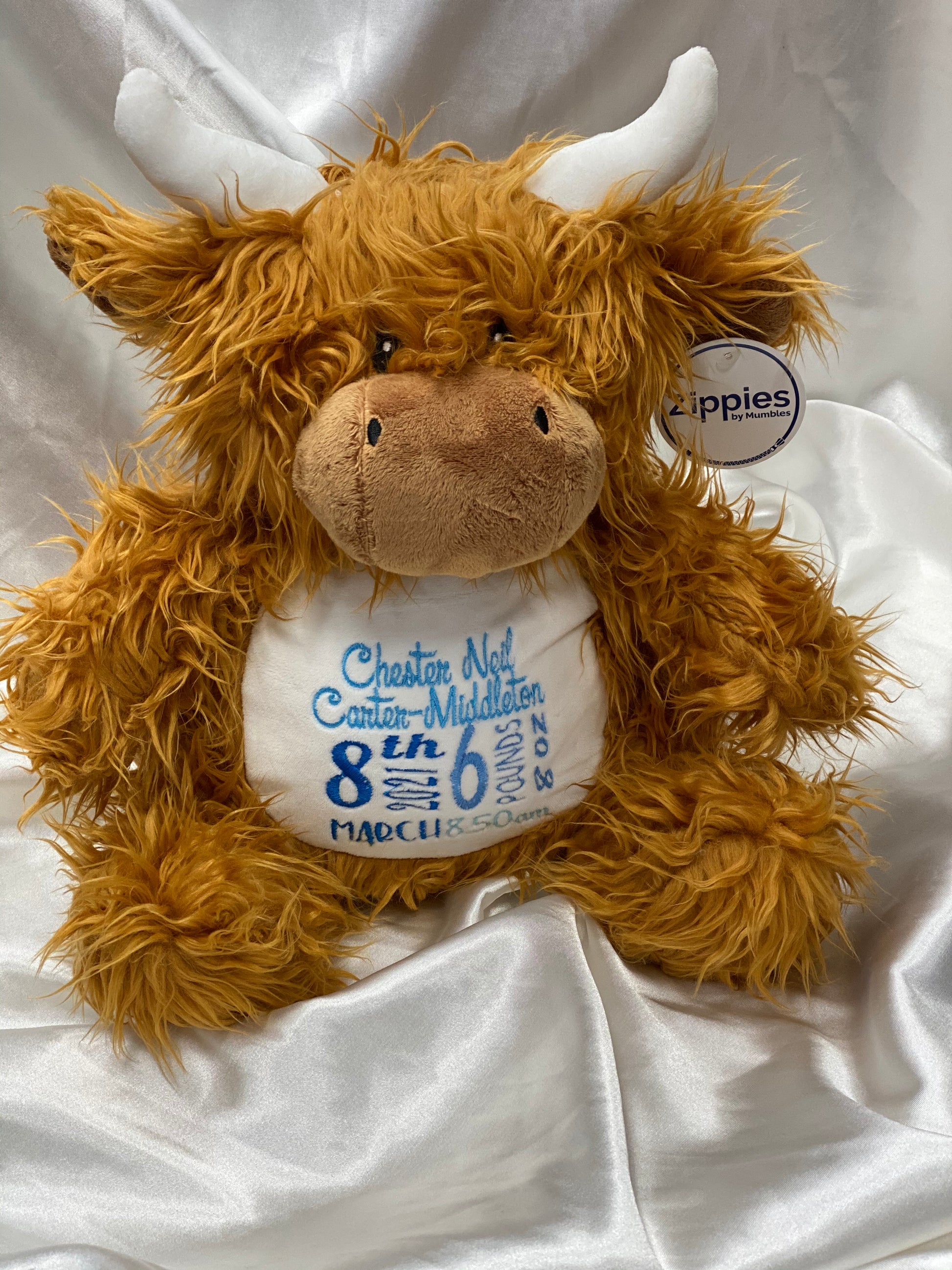 Custom embroidered baby keepsake – brown highland cow toy