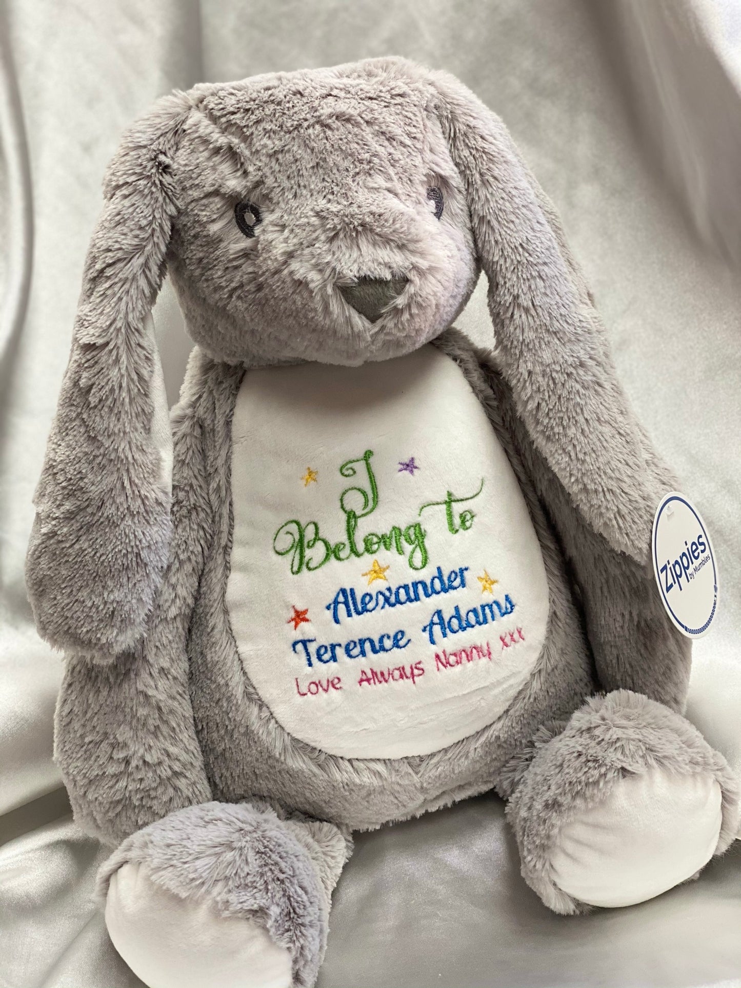 Soft plush grey rabbit toy with custom name embroidery