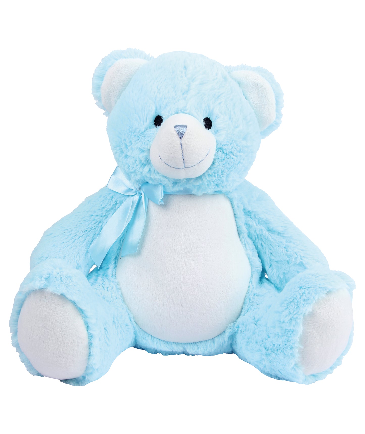Pastel blue teddy bear with stitched features, soft plush fabric, zipped bottom, and removable inner pod for keepsakes or pyjamas.