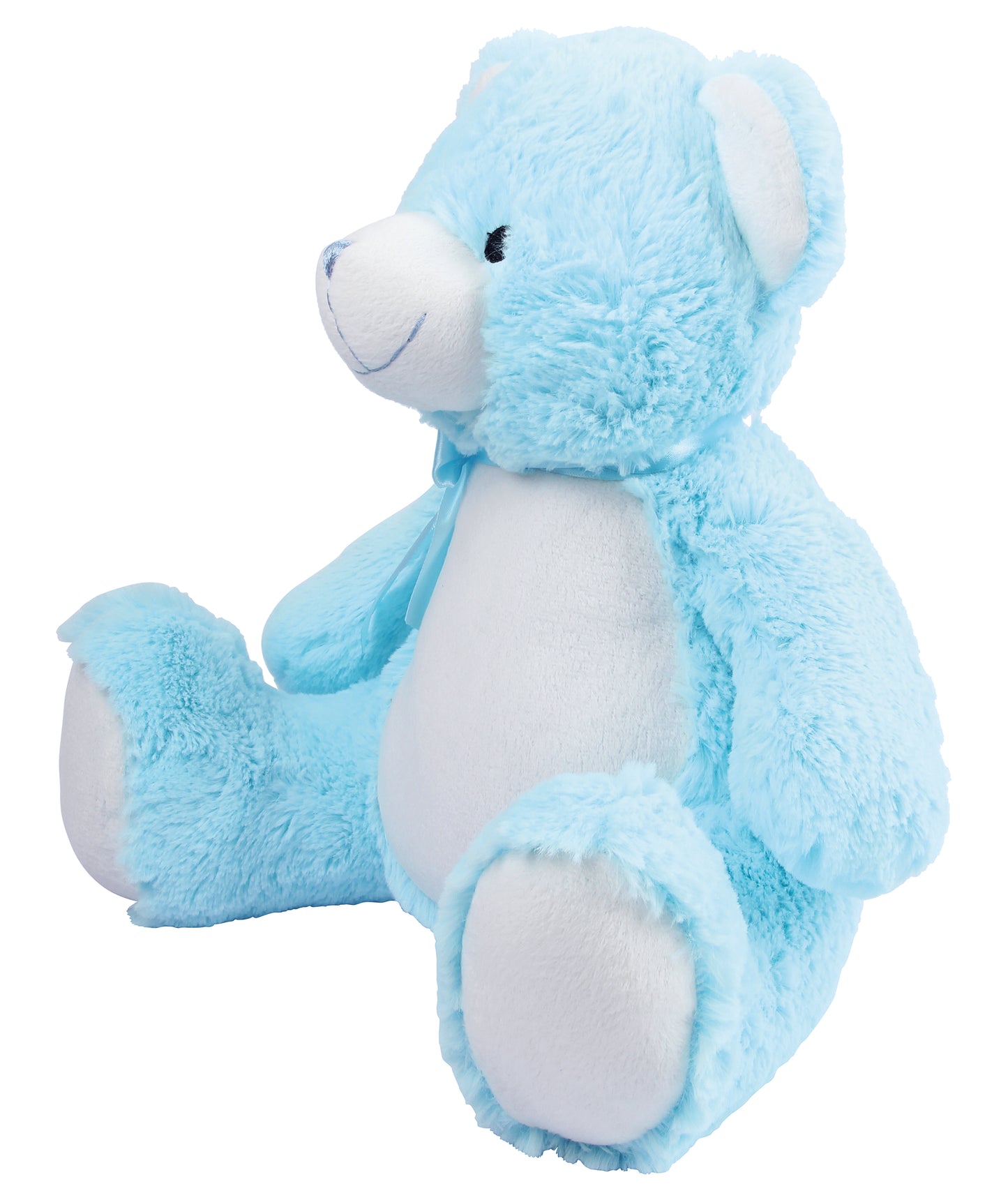 Pastel blue teddy bear with stitched features, soft plush fabric, zipped bottom, and removable inner pod for keepsakes or pyjamas.