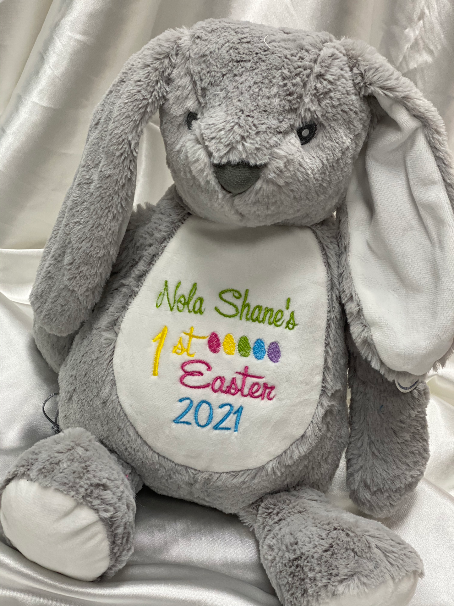 Embroidered grey bunny gift for newborns or First Easter