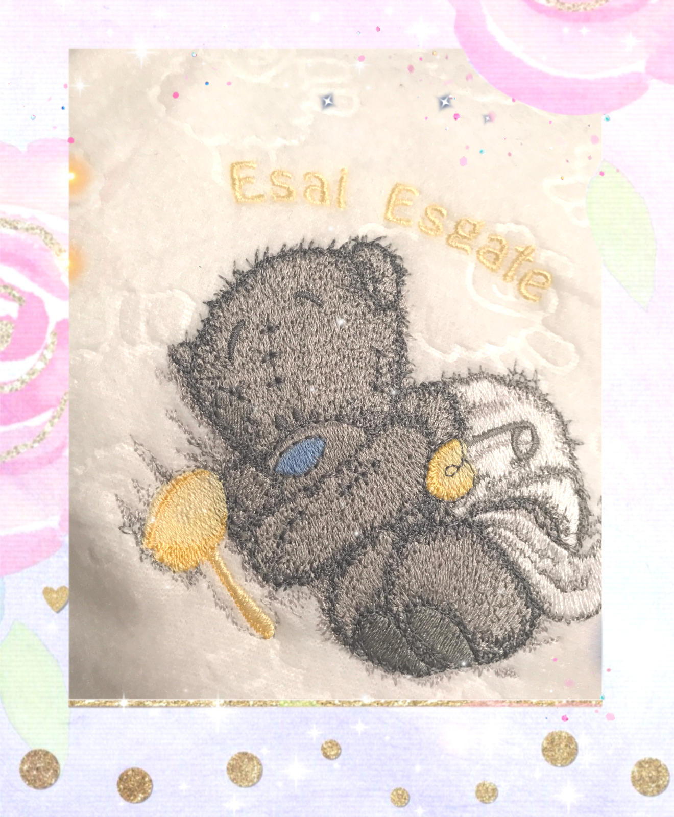Personalised Tatty Grey Teddy Bear with Coloured Rattle