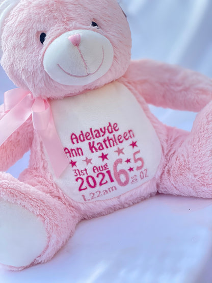 Personalised pink plush teddy bear with embroidered name, featuring zipped bottom and removable inner pod for keepsakes or pyjamas