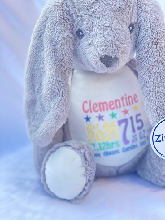 Personalised grey bunny teddy with embroidered birth details on tummy