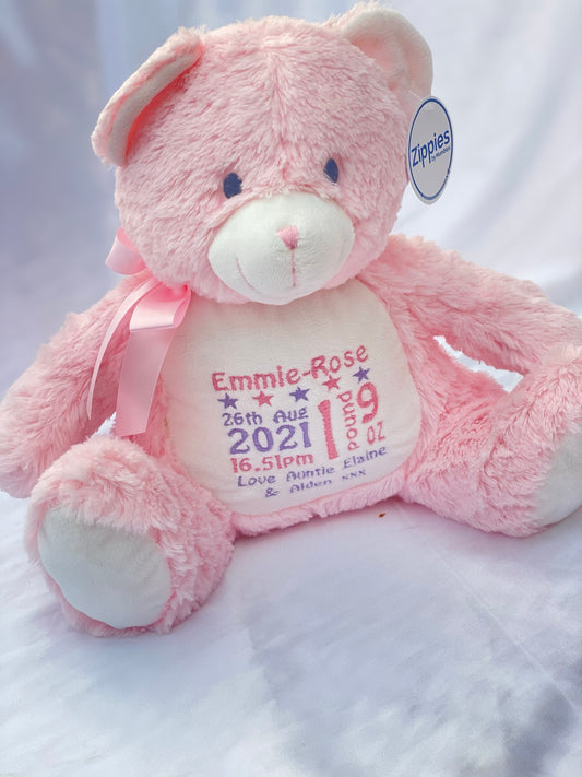 Personalised pink plush teddy bear with embroidered name, featuring zipped bottom and removable inner pod for keepsakes or pyjamas