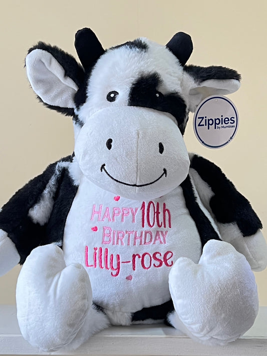 Personalised Embroidered Black & White Cow Teddy – Name, Birth Block or Custom Message | 48cm