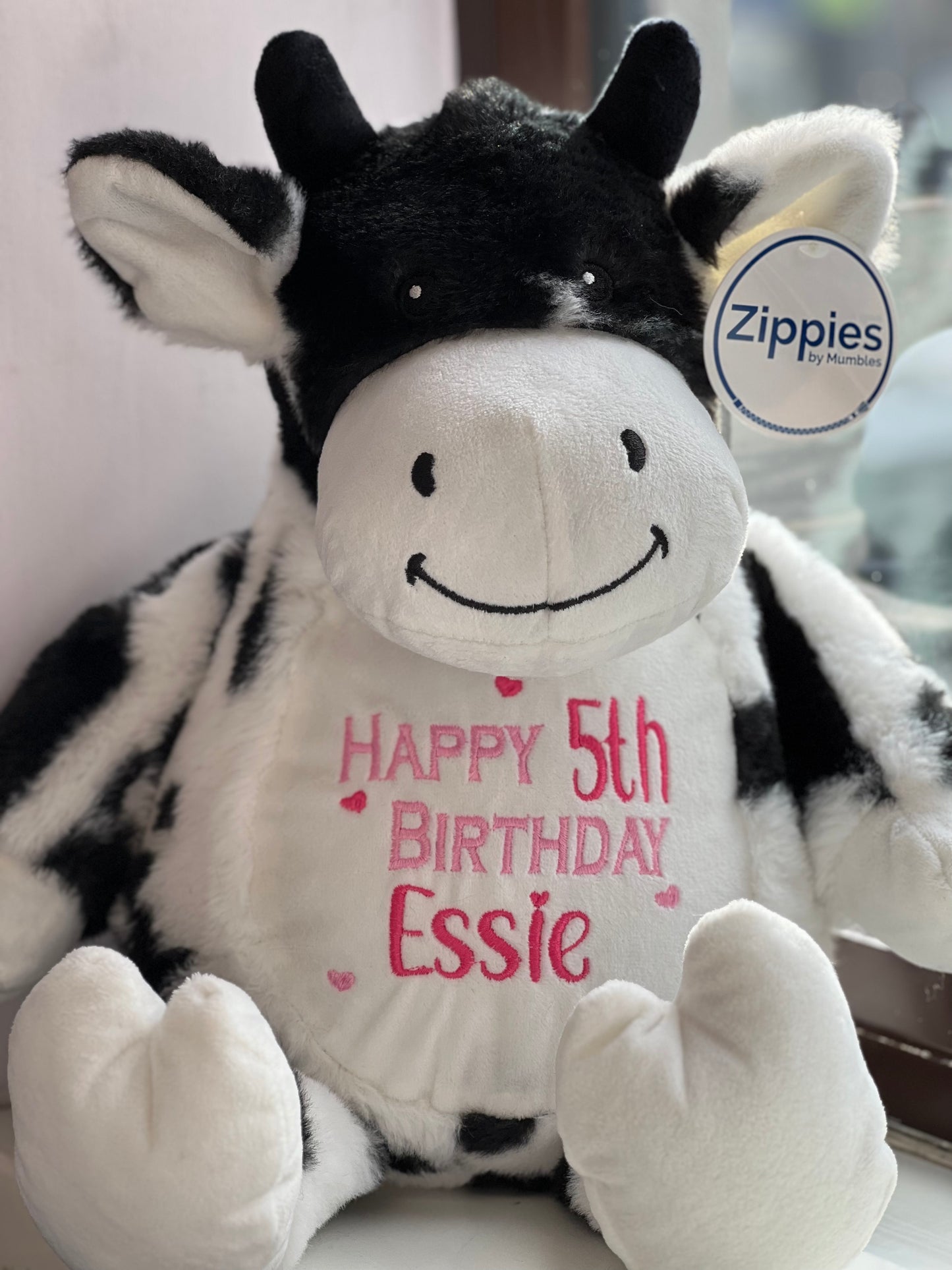 Personalised Embroidered Black & White Cow Teddy – Name, Birth Block or Custom Message | 48cm