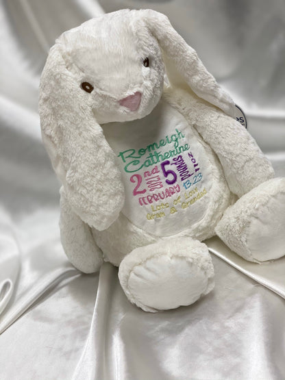 Personalised Embroidered Cream Bunny Teddy – Birth Block, Name or Custom Message | 45cm