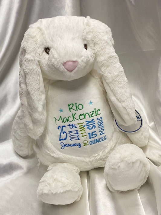 Soft plush cream rabbit toy with custom name embroidery