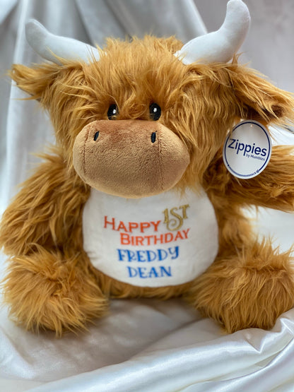 Highland cow teddy gift for baby, christening or birthday – 37cm tall