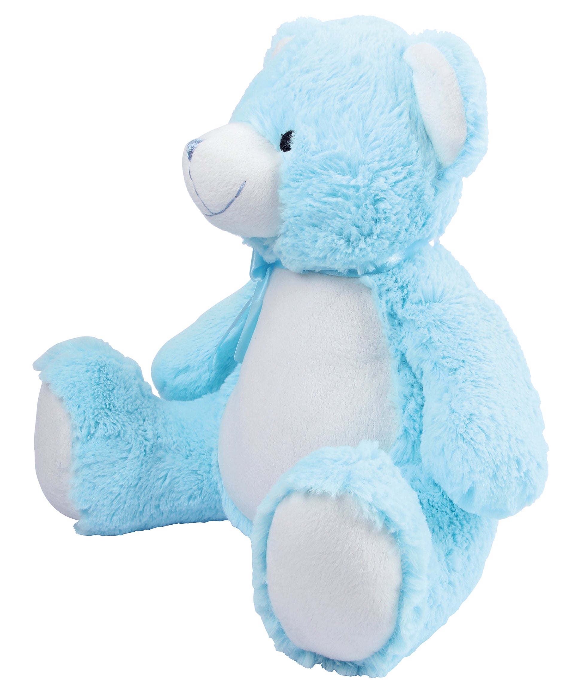 Pastel blue teddy bear with stitched features, soft plush fabric, zipped bottom, and removable inner pod for keepsakes or pyjamas.