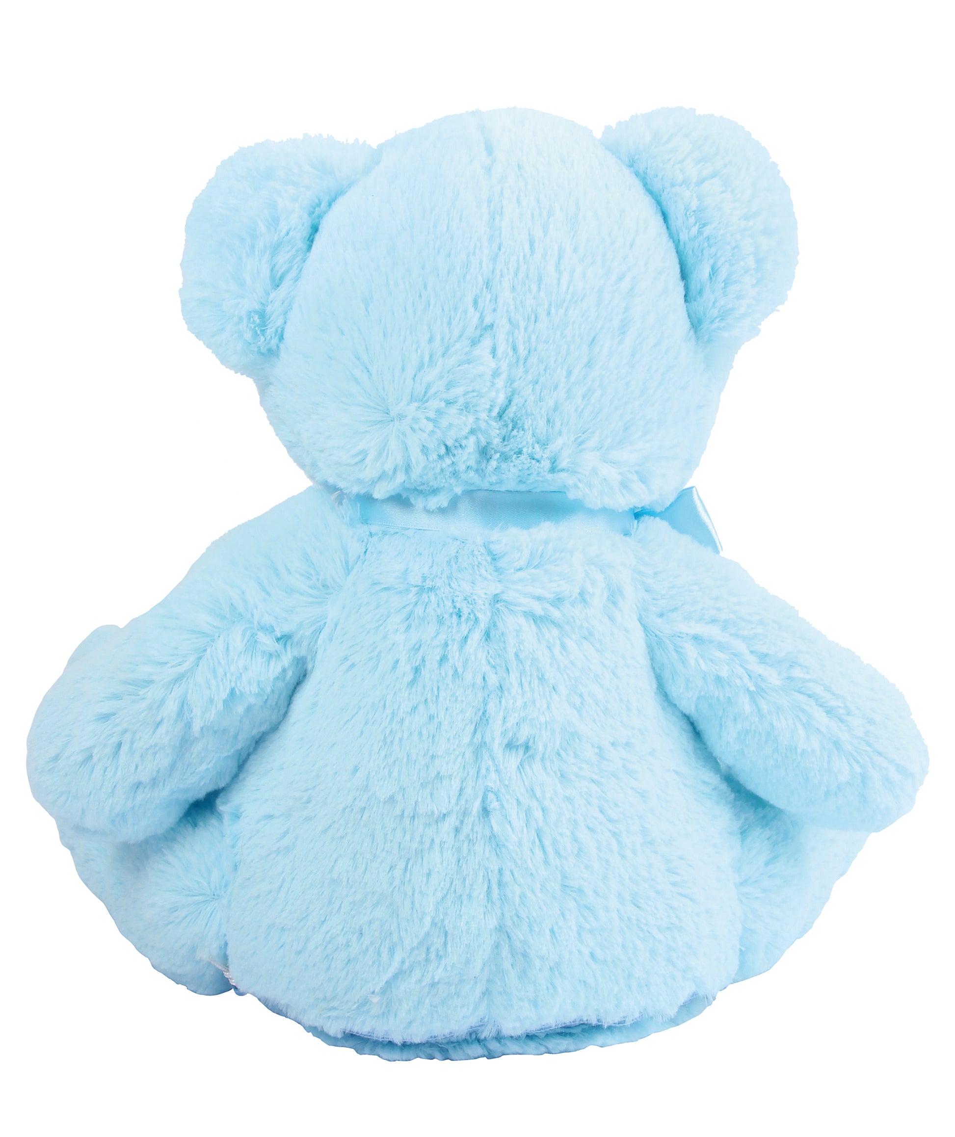 Pastel blue teddy bear with stitched features, soft plush fabric, zipped bottom, and removable inner pod for keepsakes or pyjamas.