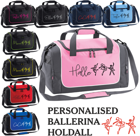 Personalised dance bag with ballerina line art and name, available in a range of colours