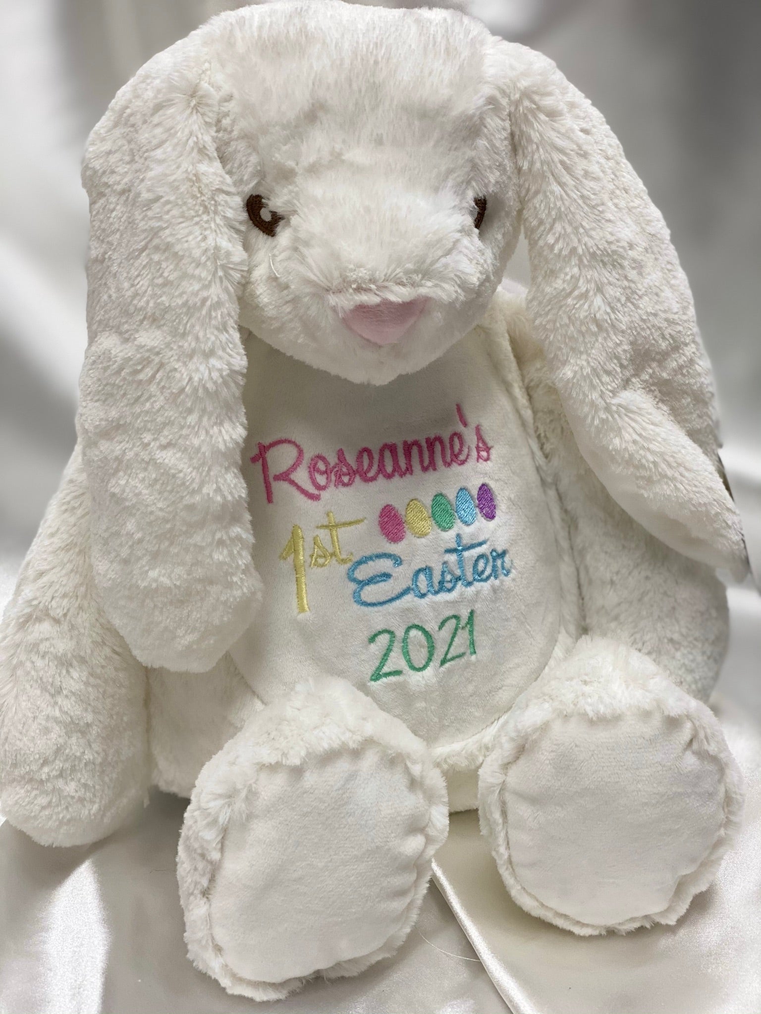 Custom embroidered bunny teddy keepsake – 45cm tall First Easter
