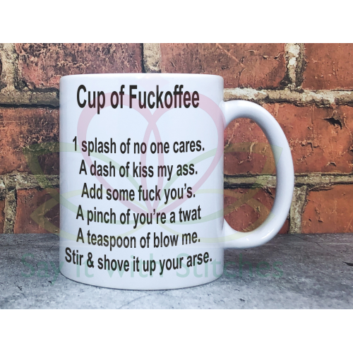White ceramic mug with black sweary text reading "Fuckoffee" – a bold, funny adult gift
