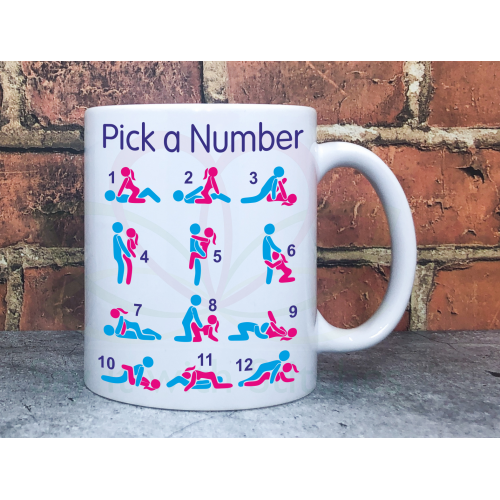 White ceramic mug with a grid of numbered sex positions and the phrase “Pick a Number” – funny adult novelty gift mug